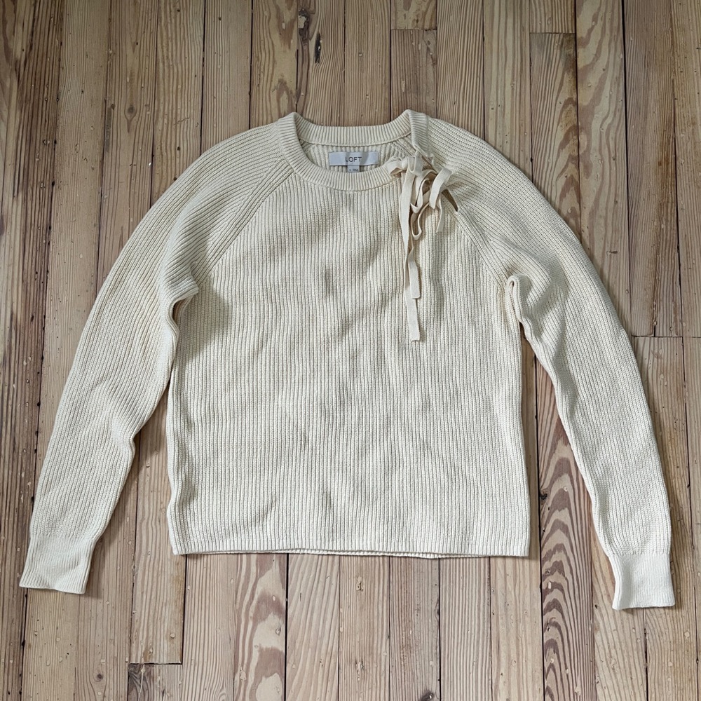 LOFT Womens Shoulder Tie Ribbed Sweater Cream Tan Cotton Blend NWT Small‎ preppy